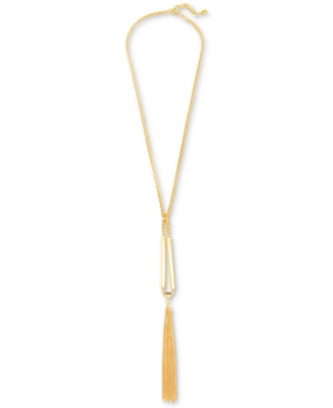 image of Zenzii Gold-Tone Tubular Bead & Chain Tassel Lariat Necklace, 22
