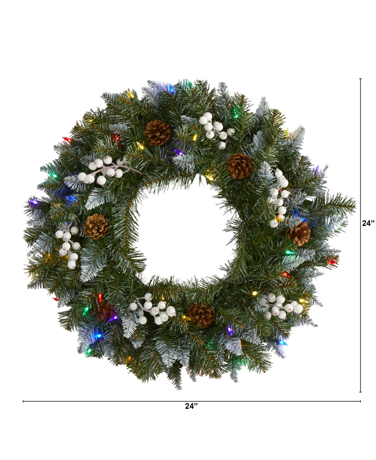 Nearly Natural Snow Tipped Artificial Christmas Wreath with 50 Led Lights, Berries and Pine Cones