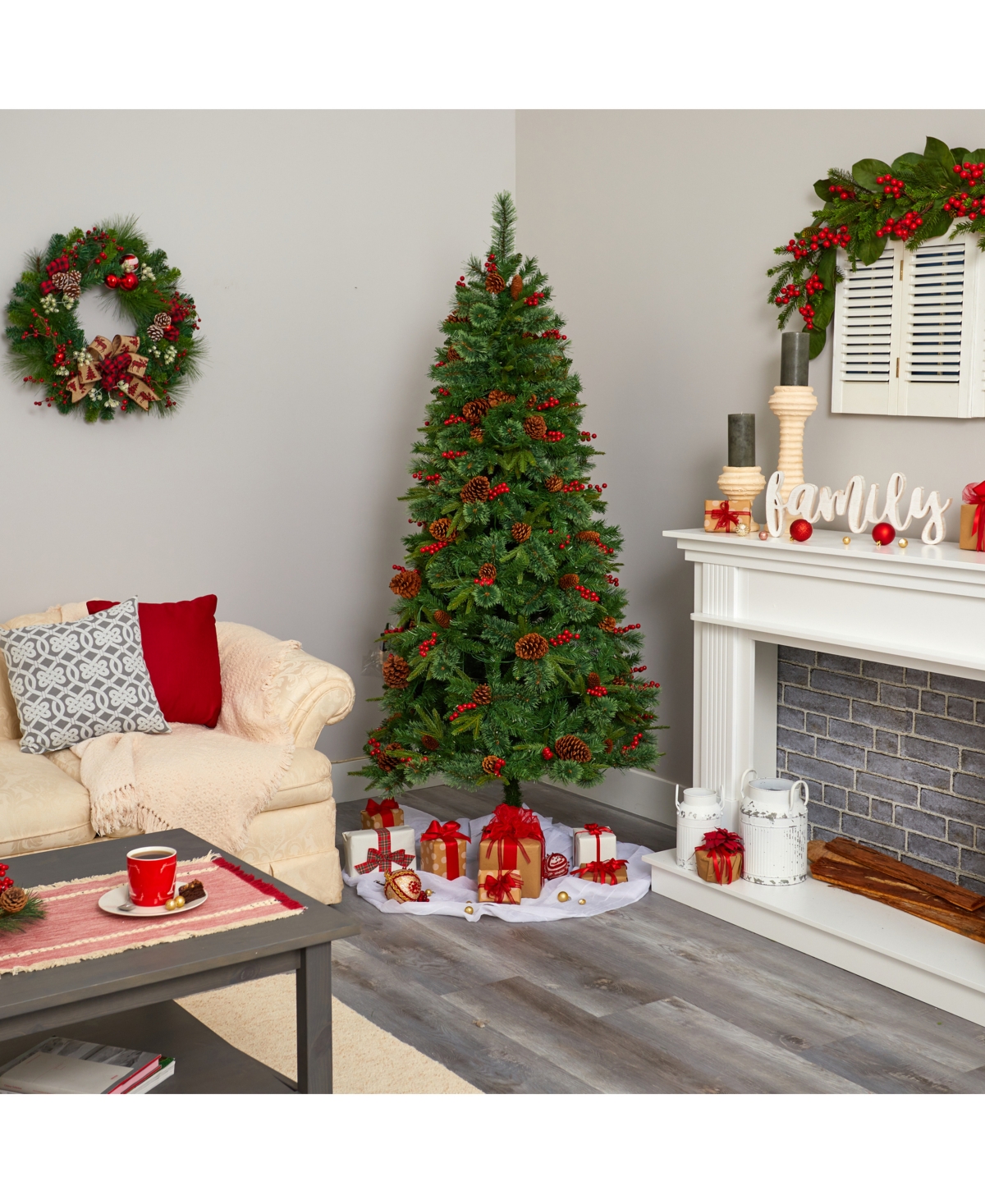 Nearly Natural Norway Mixed Pine Artificial Christmas Tree with 350 Clear Led Lights, Pine Cones and Berries