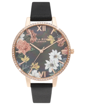 image of Olivia Burton Women-s Sparkle Floral Black Leather Strap Watch 38mm