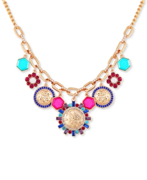 image of Guess Gold-Tone Multicolor Crystal, Stone & Charm Statement Necklace, 18