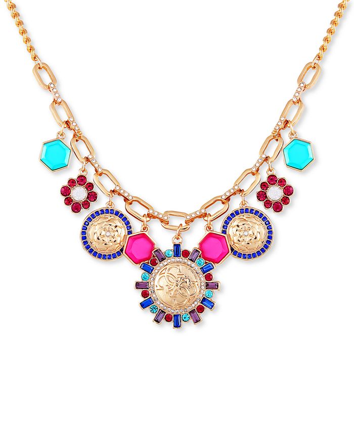 GUESS GoldTone Multicolor Crystal, Stone & Charm Statement Necklace, 18" + 2" extender Macy's