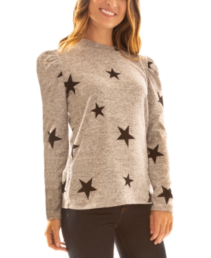 image of Bcx Juniors- Fuzzy Star-Print Puff-Shoulder Sweater