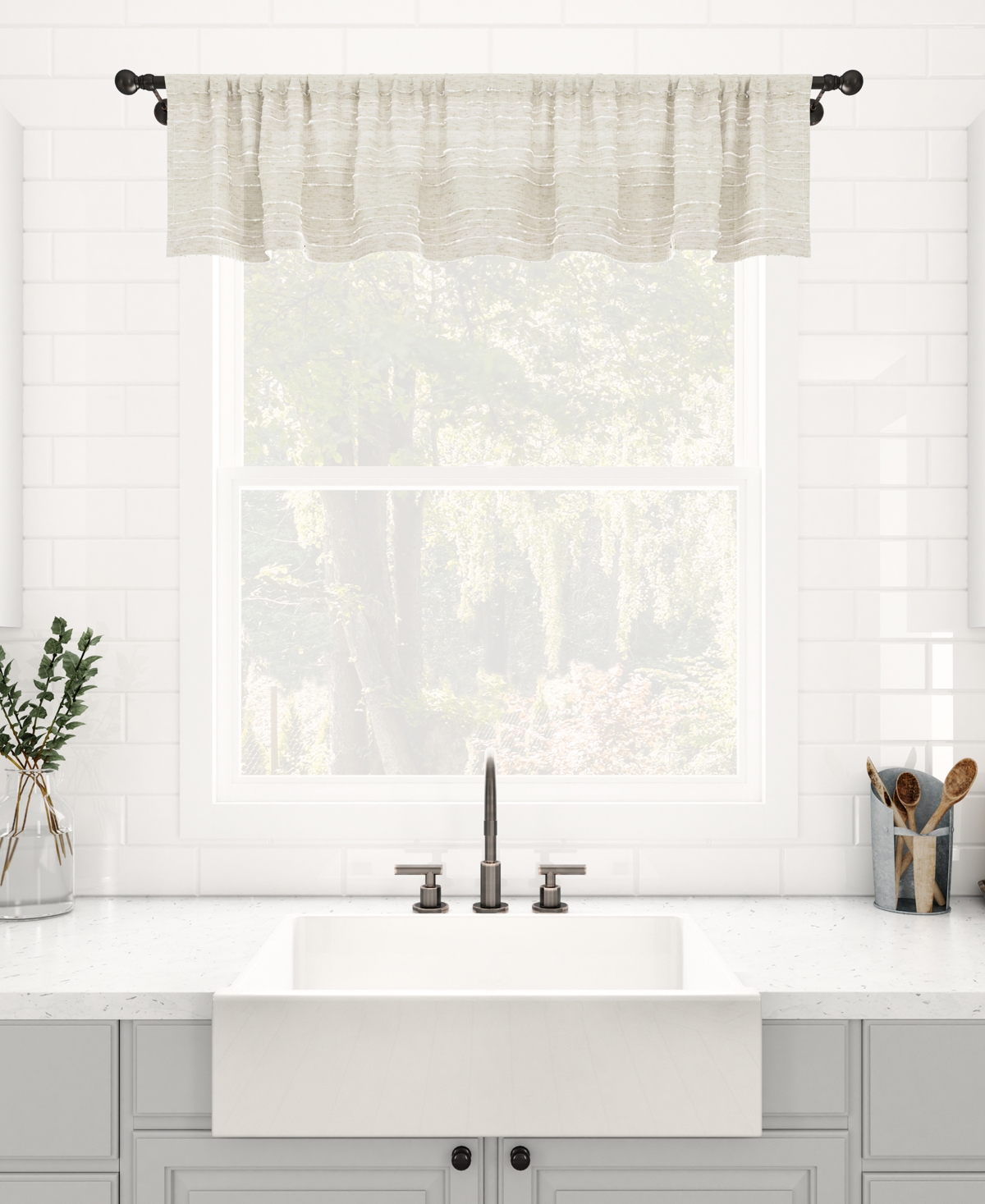 Textured Slub Stripe Anti-Dust Linen Blend Sheer Cafe Curtain Valance - White