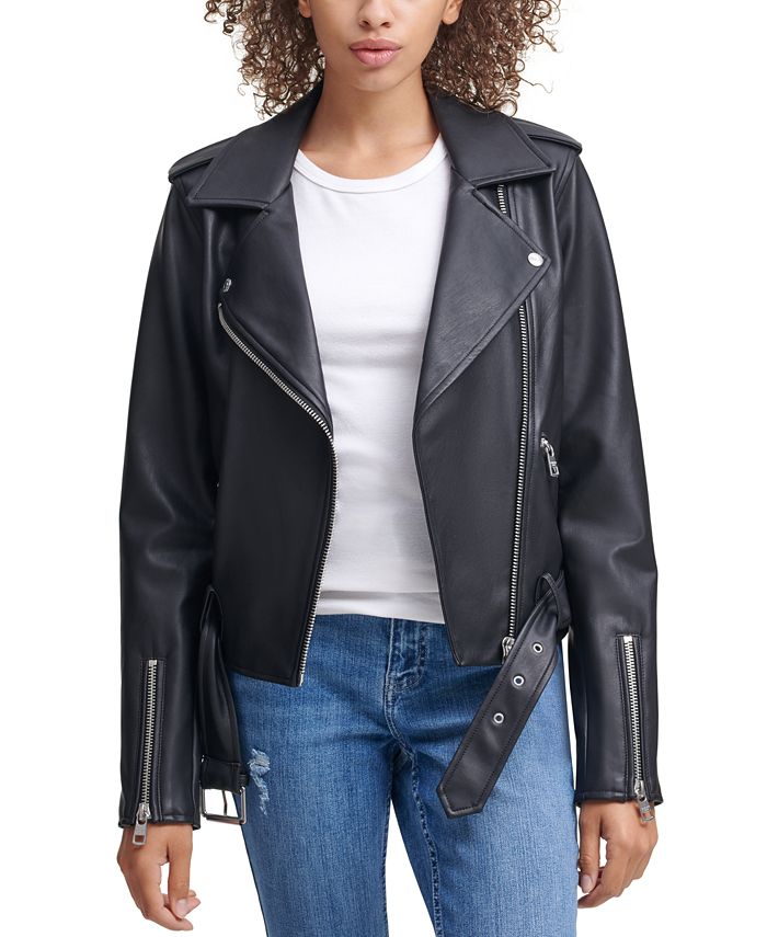 Calvin Klein Jeans Belted Faux-Leather Moto Jacket & Reviews - Jackets ...