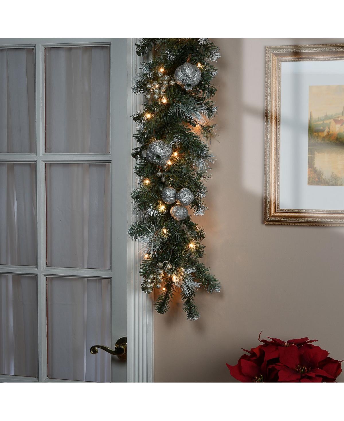 National Tree Company Glittery Pomegranate Pine Garland with Silver Pomegranates,Champagne Berries Frosted Tips and 100 Clear Lights