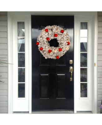 National Tree Company 30" Snowy Bristle Pine Wreaths with Red & Silver Ornaments & 70 Warm White Battery Operated LED Lights w/Timer