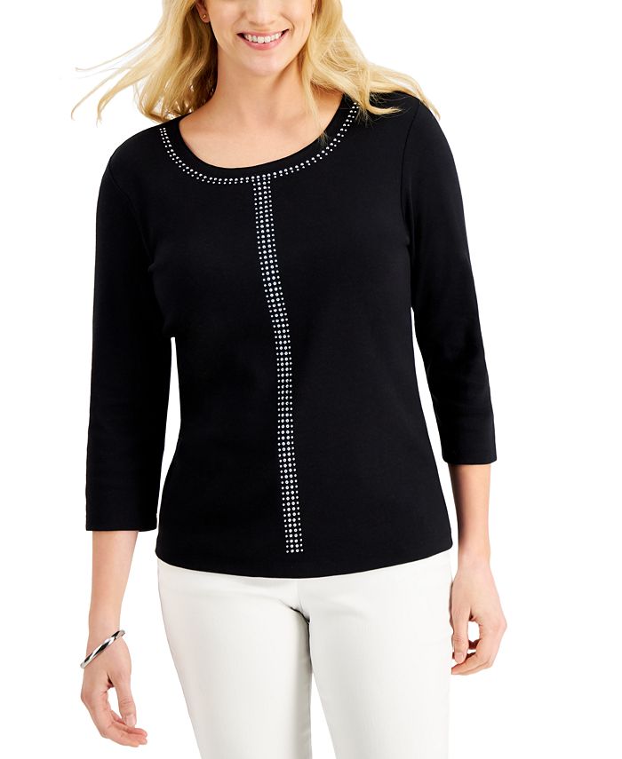 Karen Scott 3/4Sleeve Embellished ScoopNeck Top, Created for Macy's