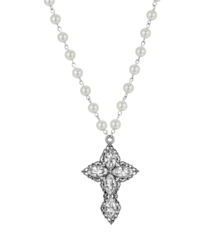 image of 2028 Women-s Pewter Clear Crystal Diamon Shaped Stones Cross Imitation Pearl Necklace