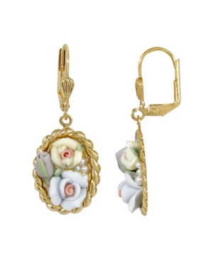 image of 2028 Women-s Gold Tone Blue and Ivory Porcelain Flower Drop Earrings