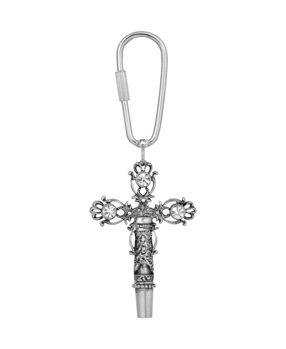 2028 Women's Pewter Crystal Cross Whistle Key Fob In White