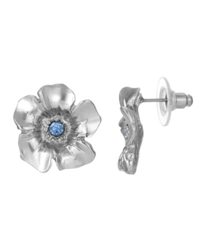 image of 2028 Women-s Silver Tone Blue Crystal Flower Button Earrings