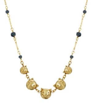 image of 2028 Women-s 14K Gold Dipped Cat Faces with Blue Beaded Chain Necklace