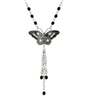 image of 2028 Women-s Silver Tone Black White Enamel Black Beads Butterfly Necklace