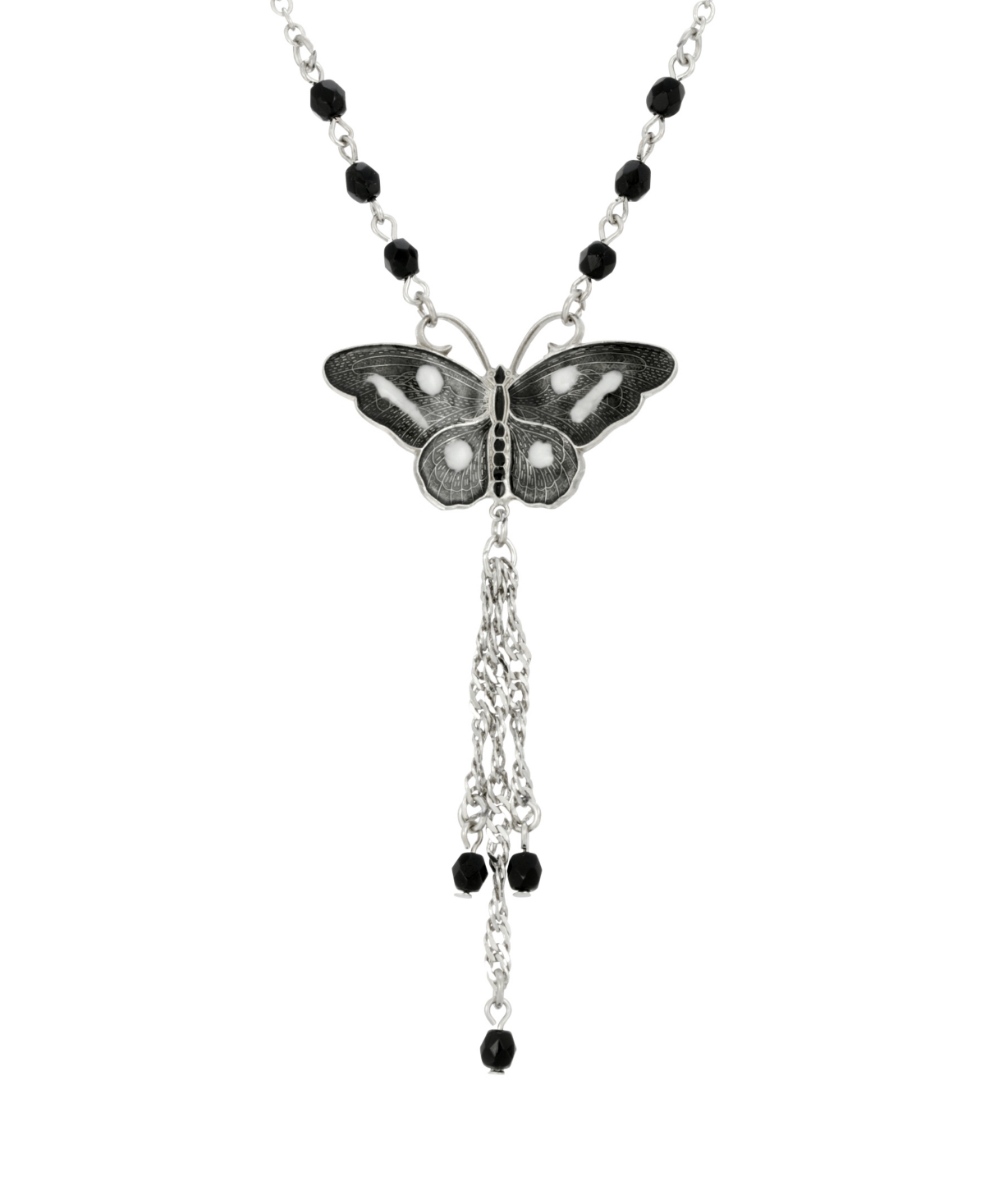 2028 Women's Silver Tone Black White Enamel Black Beads Butterfly Necklace