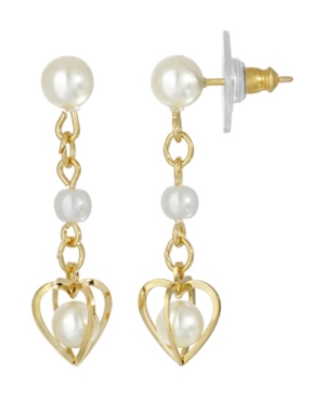 image of 2028 Women-s 14K Gold Dipped Double Imitation Pearl Drop Heart Earring