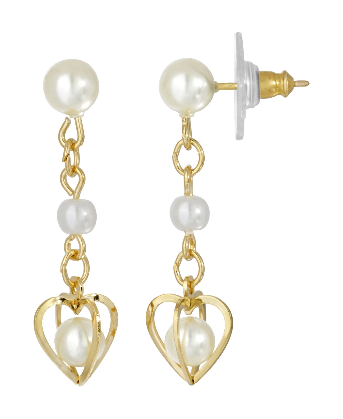 2028 Women's 14k Gold-tone Double Imitation Pearl Drop Heart Earring In White