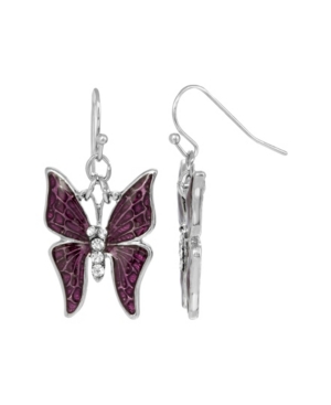 image of 2028 Women-s Silver Tone and Crystal Accent Butterfly Drop Earrings