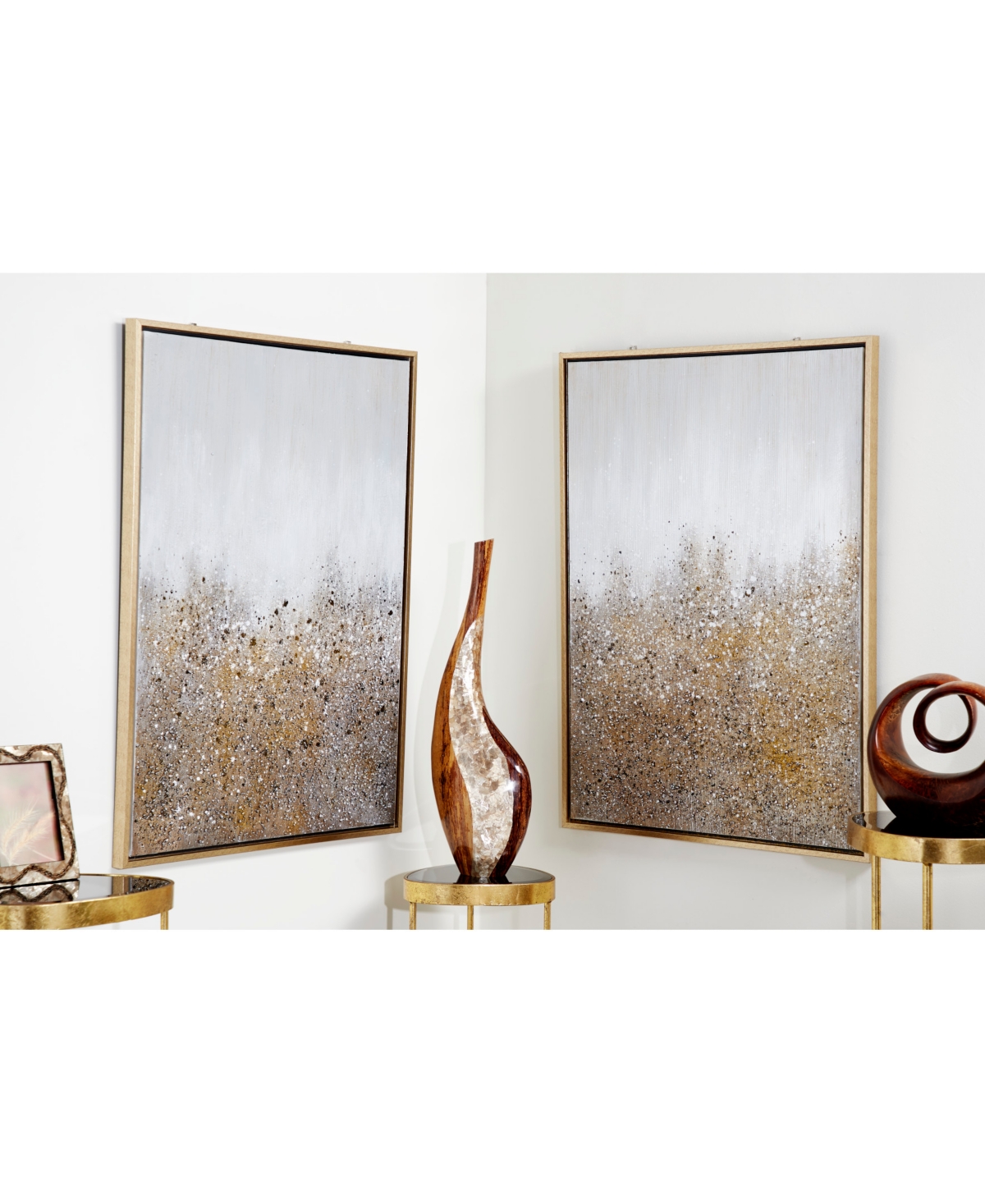 Multimedia and Abstract Art Paintings with Glitter, Set of 2 - Gold-tone