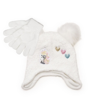 Big Girls Knit Hat with Appliques Patches and Pom Pom with Magic Gloves 2 Piece Set