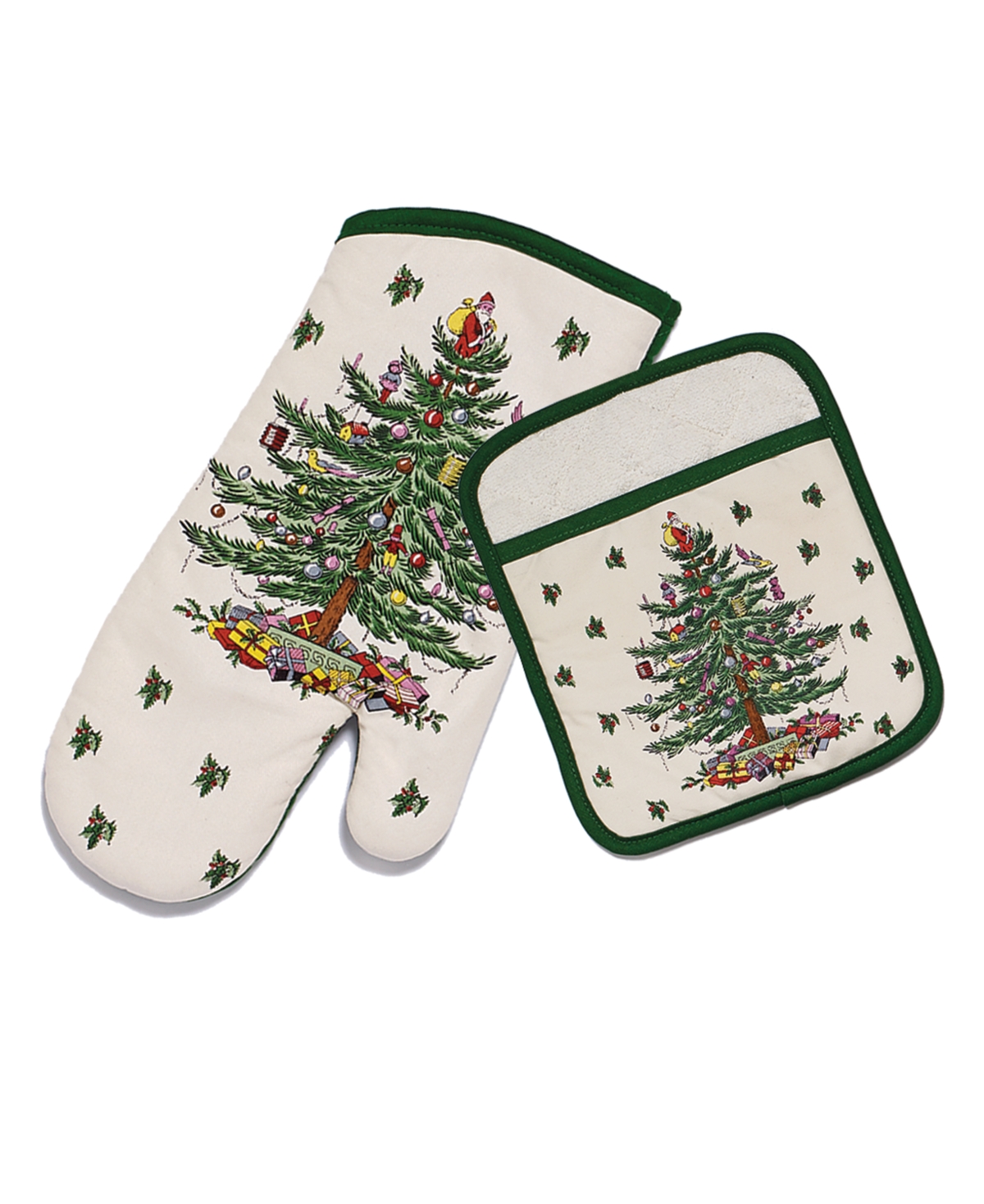 Christams Tree Ivory/Green Pot Holder Ovenmit Set - Ivory