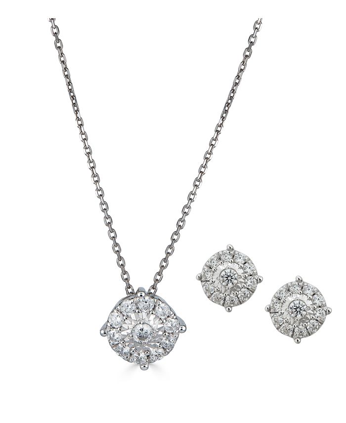 Macy's - 2-Pc. Diamond (1/2 ct. t.w.) Halo Pendant Necklace & Matching Stud Earring Set In 14k Gold