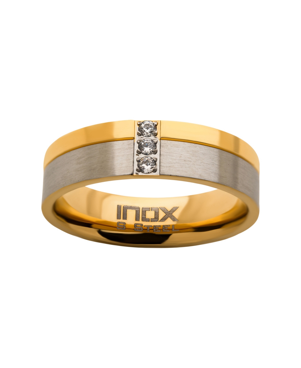 Inox Men's Steel Gold-Tone Plated 3 Piece Clear Diamond Ring