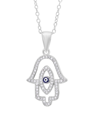 image of Cubic Zirconia Hamsa Hand Pendant Necklace in Fine Silver Plate