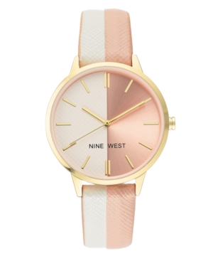 image of Nine West Women-s Gold-tone and White/Light Pink Strap Watch, 37mm