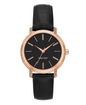 image of Nine West Women-s Crystal Accented Rose Gold-Tone and Black Croco-Grain Strap Watch, 35mm