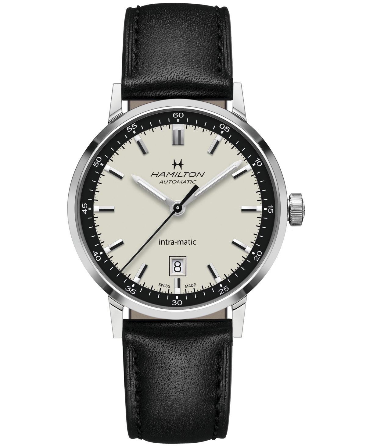 HAMILTON MEN'S SWISS AUTOMATIC INTRA-MATIC BLACK LEATHER STRAP WATCH 40MM