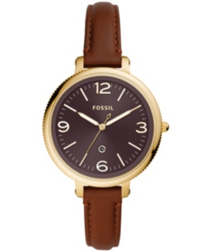 image of Fossil Women-s Monroe Gold-Tone Brown Leather Strap Watch 38mm