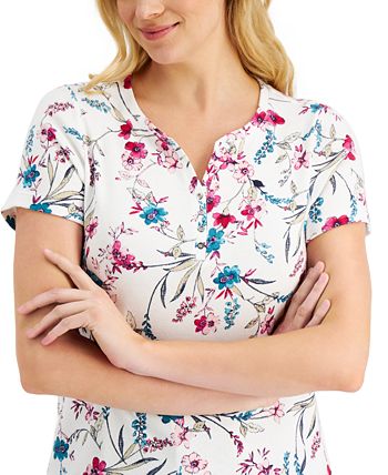 Karen Scott Women's Liberty Daisy Printed Henley Top Red/Blue  Size Petite Small
