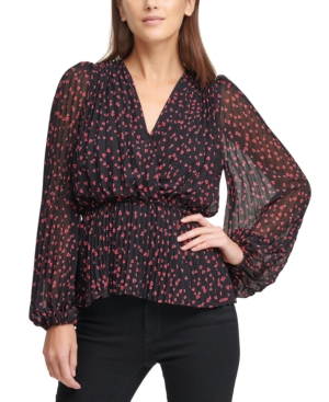 Dkny Printed Pleated V-neck Wrap Blouse In Black Rudolph Red Powder Pink Multi