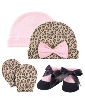 image of Baby Girls 4 Piece Caps, Scratch Mitten and Sock Set