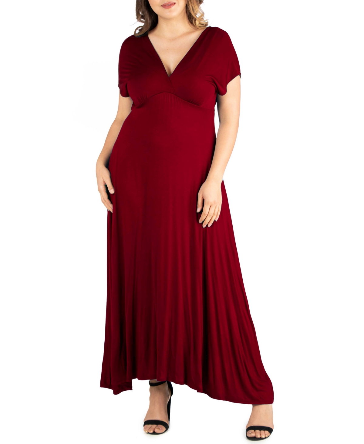 24seven Comfort Apparel Plus Size Empire Waist V-neck Maxi Dress In Wine
