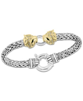 EFFY Collection - Diamond (1/4 ct. t.w.) & Tsavorite Accent Panther Mesh Bracelet in Sterling Silver & 14k Gold-Plate