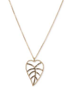 image of Lucky Brand Gold-Tone Delicate Pave Open Leaf Long Pendant Necklace, 32