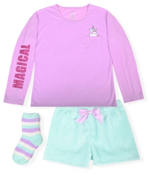 image of Big Girl-s 2 Piece Short Pajama Unicorn Printed Set with Socks