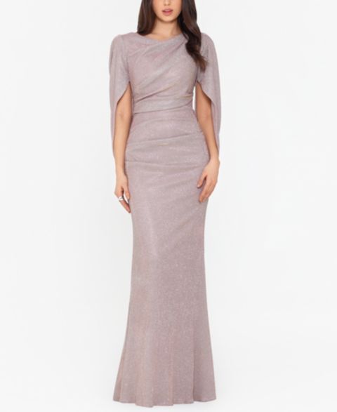 Женские платья Betsy & Adam Glitter Drape-Back Cape Gown, цвет: Пудровый золотой