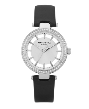 image of Kenneth Cole New York Women-s Diamond Dial Black Genuine Leather Strap Watch 34mm