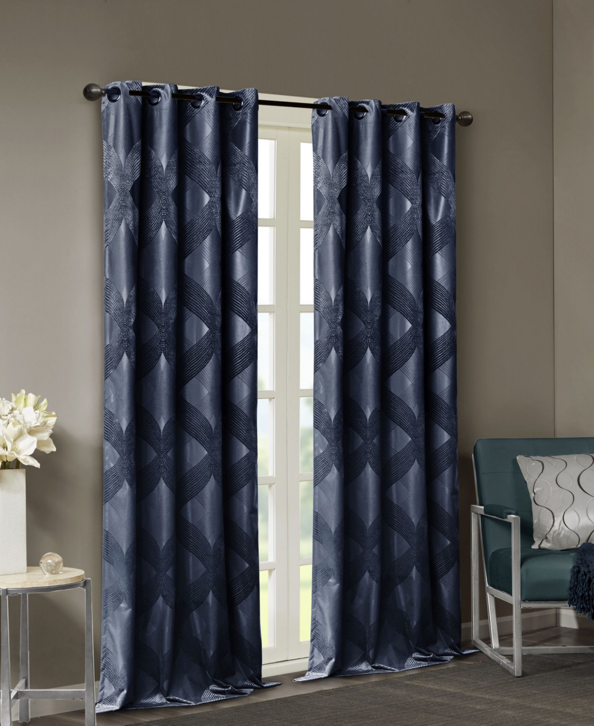 Bentley Ogee Knitted Jacquard Total Blackout Curtain Panel, 50"W x 84"L - Charcoal