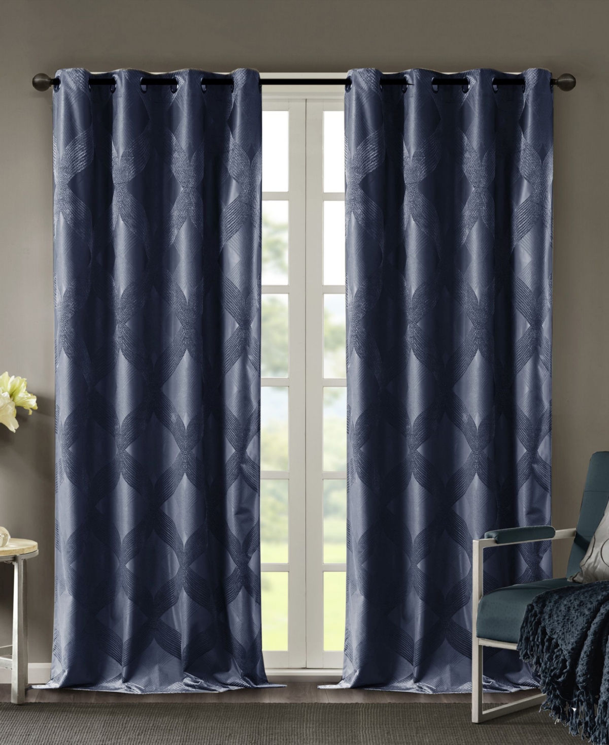 Bentley Ogee Knitted Jacquard Total Blackout Curtain Panel, 50"W x 95"L - Charcoal