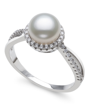 image of Cultured Freshwater Pearl 7-8.5mm and Cubic Zirconia Accent Ring in Sterling Silver