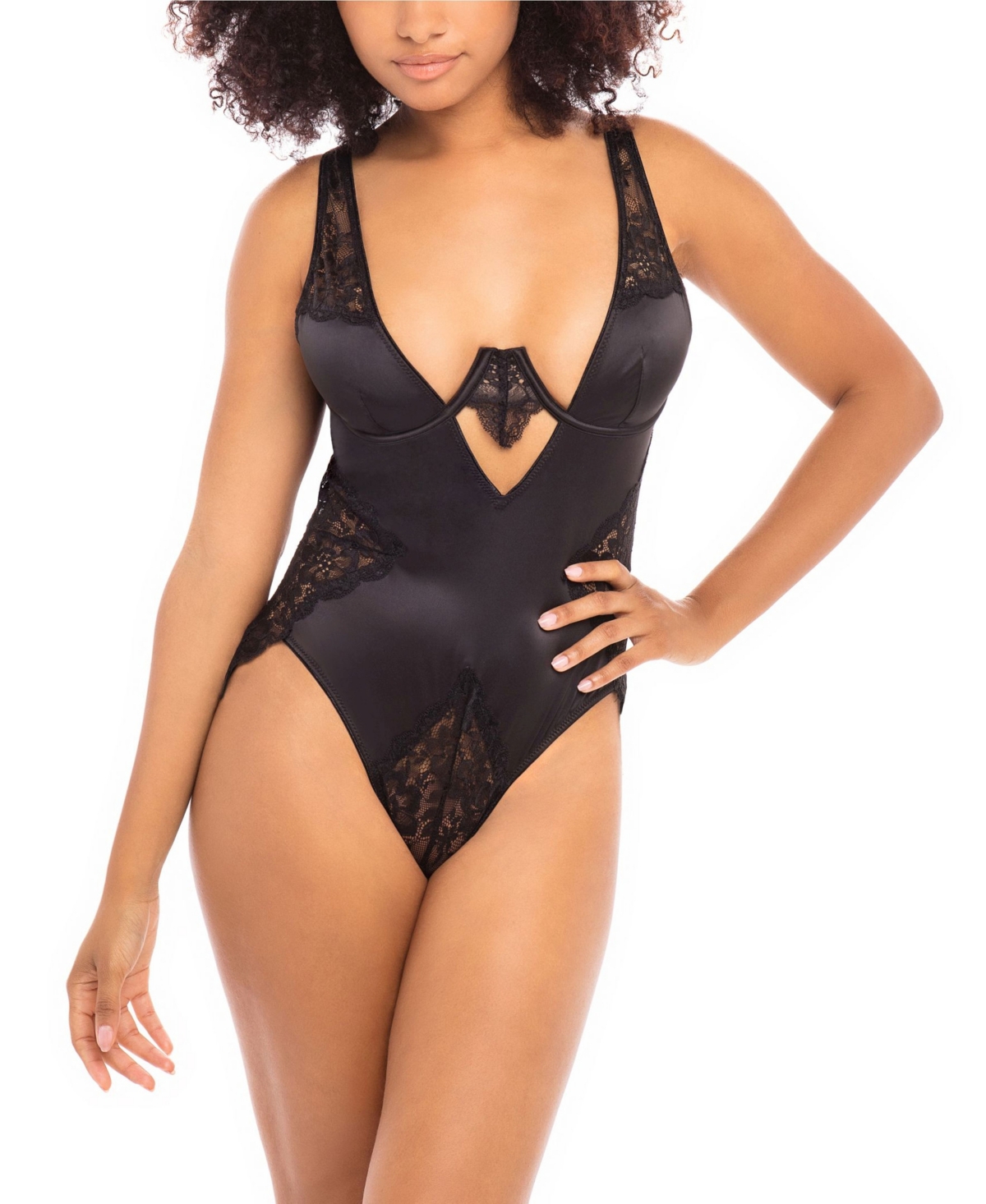 Women's High Apex Teddy Lingerie with Deep Plunging Neckline and Lace Inserts - Black