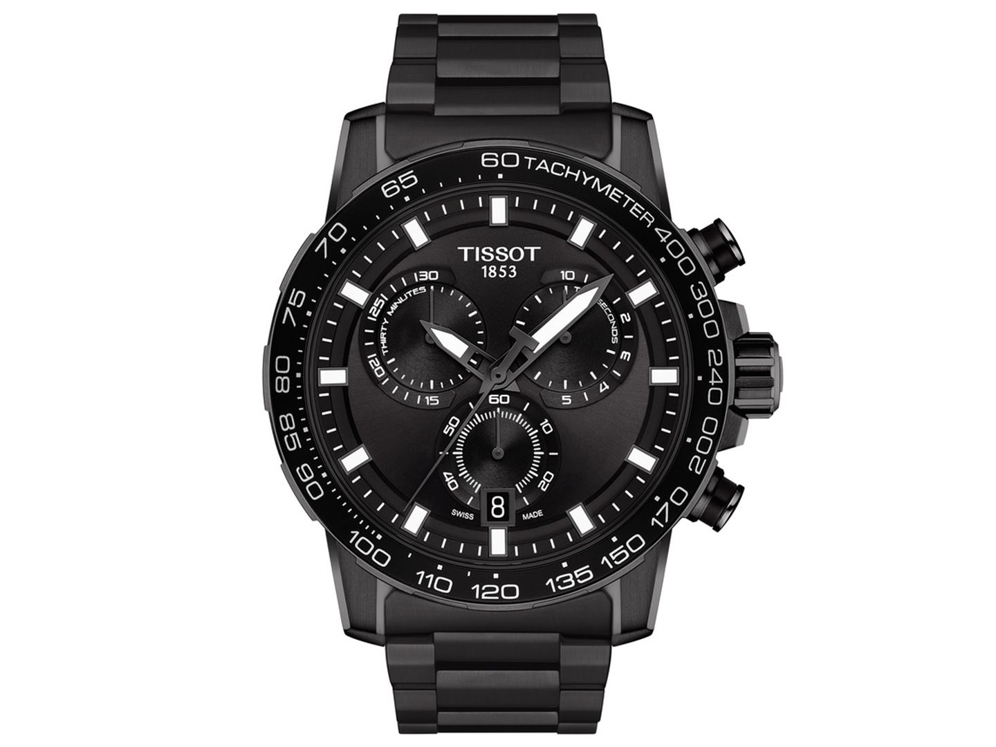 Мужские часы Tissot Swiss Chronograph Supersport Black Stainless Steel Bracelet Watch 45.5mm — фото 1