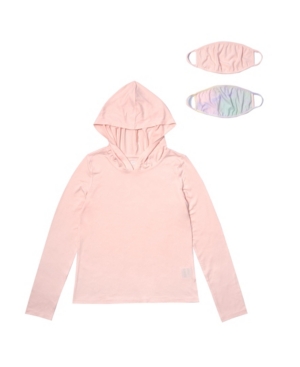 image of Big Girls Long Sleeve Hooded Solid Top with Matching Reversible Mask, Set of 2
