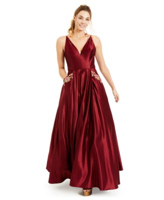 Blondie Nites - Juniors' Embroidered-Pockets Deep V-Neck Satin Ball Gown