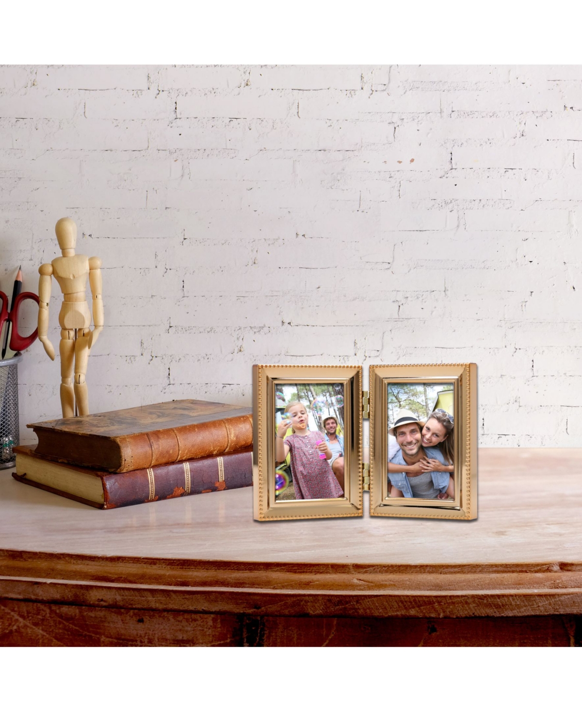 Polished Metal Hinged Double Picture Frame - Bead Border Design, 2.5