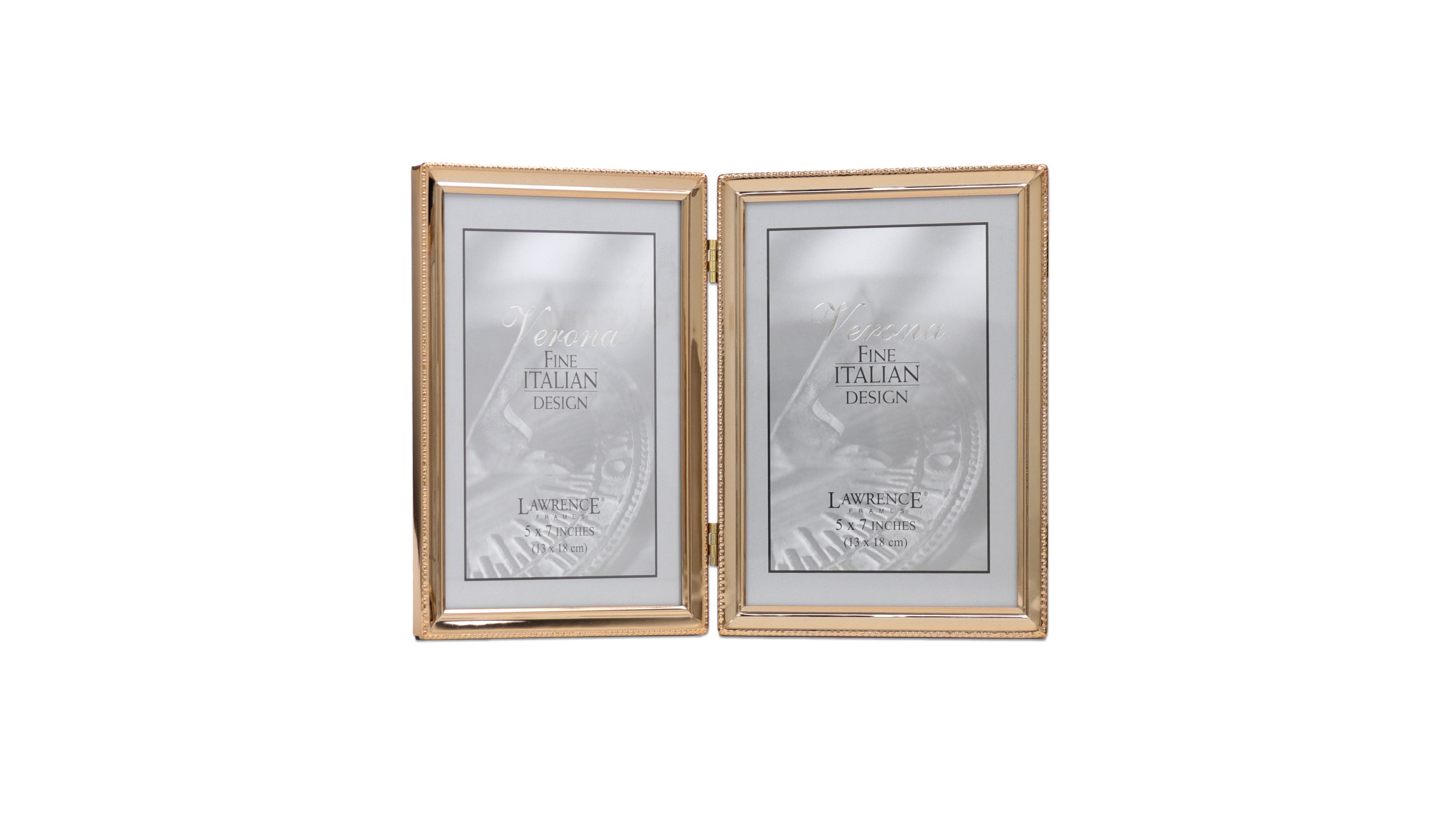 Polished Metal Hinged Double Picture Frame - Bead Border Design, 5" x 7"